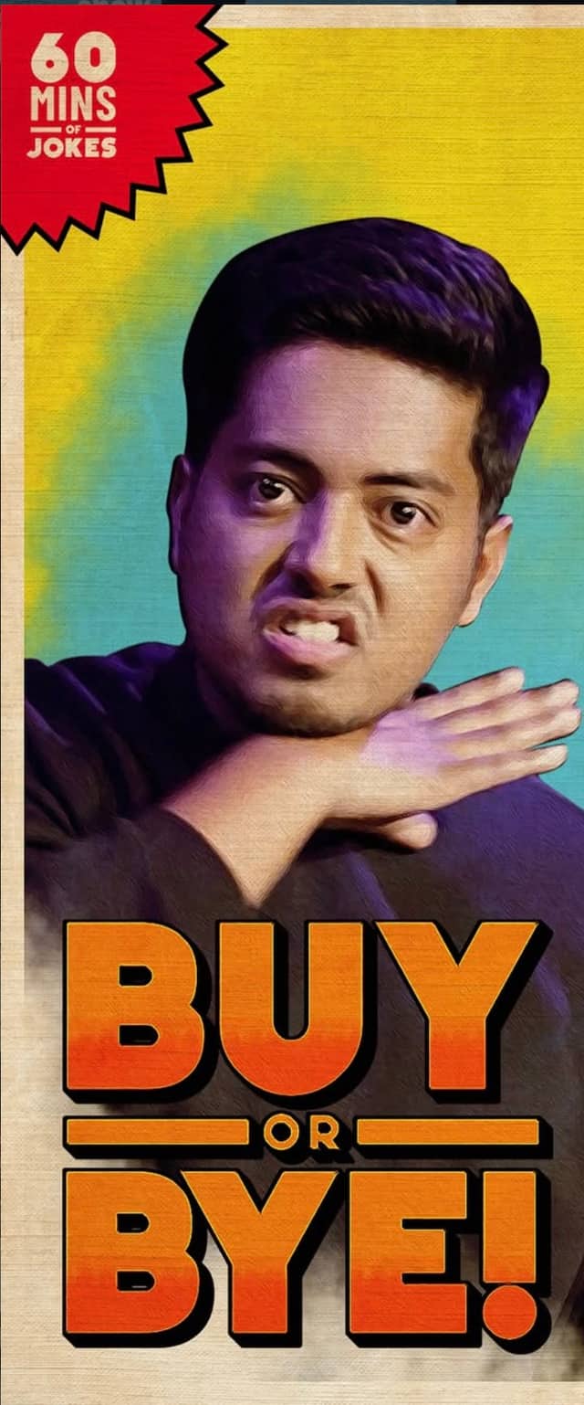 Aakash Gupta making a comic expression on a Buy or Bye poster