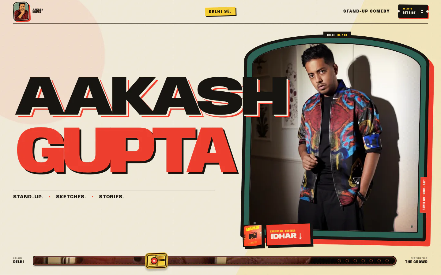 Aakash Gupta comedy showcase homepage with bold editorial typography and portrait