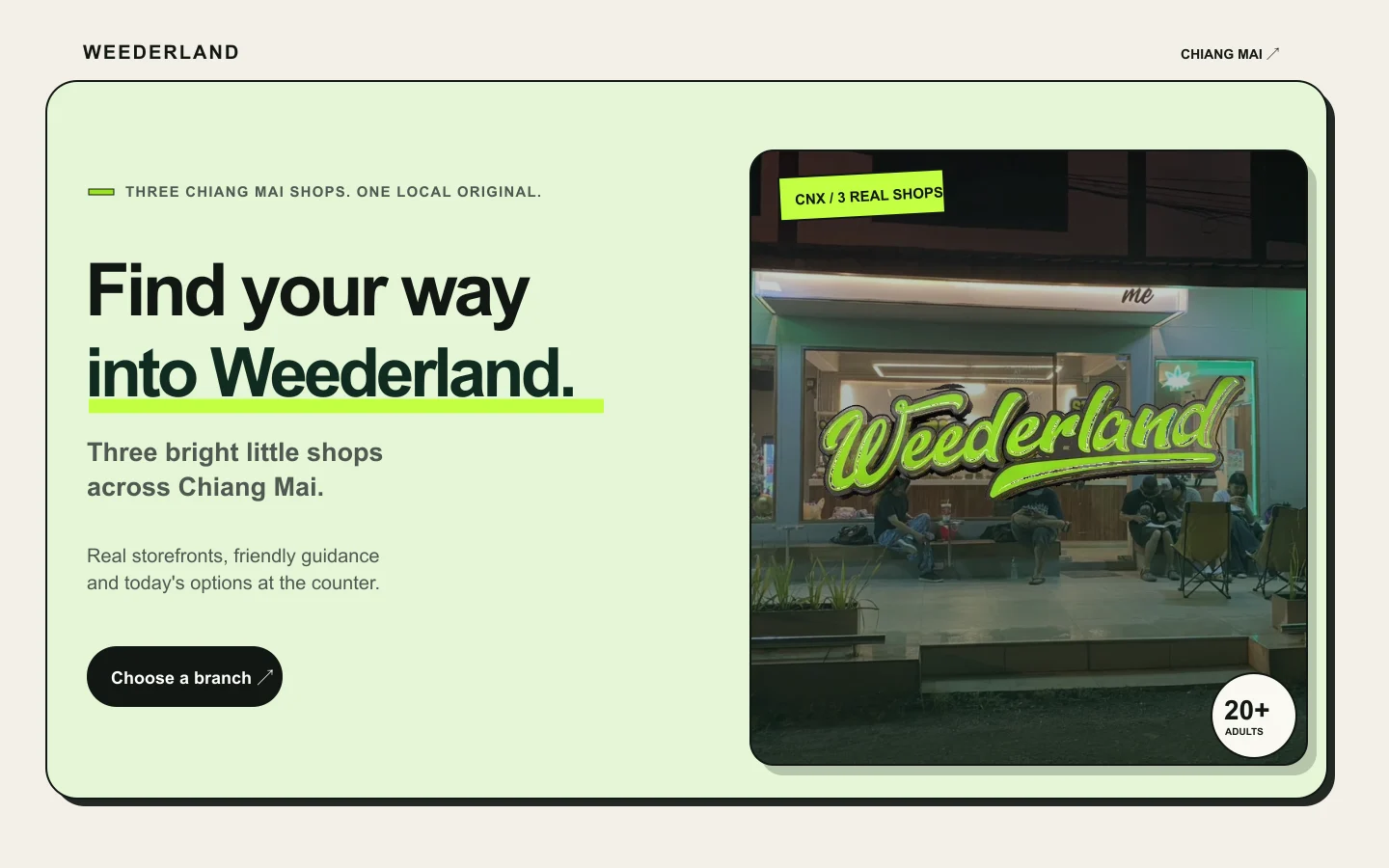 Weederland’s current Chiang Mai website with its colourful 3D sign hero